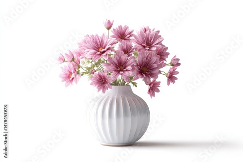 Delicate pink flowers arranged in a ribbed white vase.  A simple yet elegant still life.