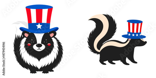A Skunk wear uncle sam hat and red white blue American flag overlay on scraf. Independence Day 4th of July Patriotism Usa America Clipart Line Art Vector Illustration. Patriotic stripe.