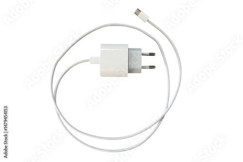 White usb charger with cable on transparent background photo