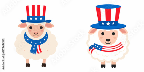 A Sheep wear uncle sam hat and red white blue American flag overlay on scraf. Independence Day 4th of July Patriotism Usa America Clipart Line Art Vector Illustration. Patriotic woolly lamb.