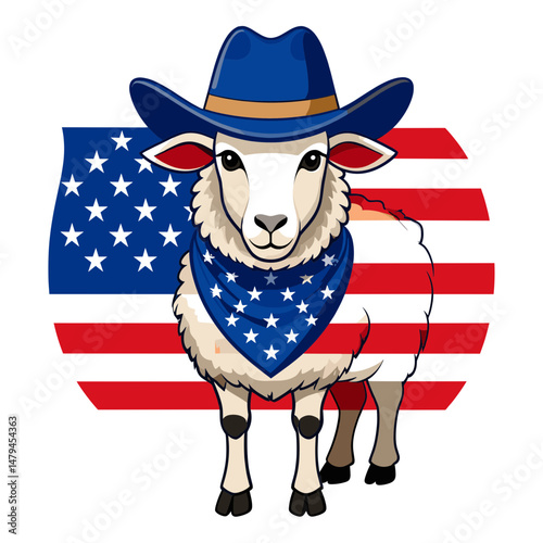 A Sheep as cowboy wear hat and red white blue American flag overlay on scraf. Independence Day 4th of July Patriotism Usa America Clipart Line Art Vector Illustration. Wooly farm animal.