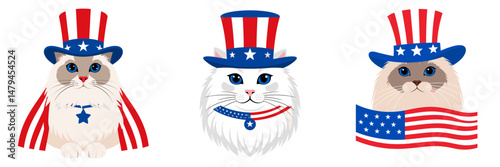 A Ragdoll Cat wear uncle sam hat and red white blue American flag overlay on scraf. Independence Day 4th of July Patriotism Usa America Clipart Line Art Vector Illustration. Fluffy feline.
