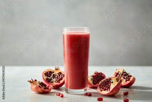 Fresh pomegranate juice in a tall glass, surrounded by ripe open pomegranates with vibrant red seeds. Clean background, natural lighting, healthy drink concept, vertical composition. Copy space