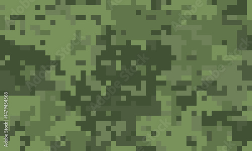 Abstract pixelated camouflage pattern in muted greens. Ideal for backgrounds, textures, or design elements needing a blend of concealment and modern aesthetics.