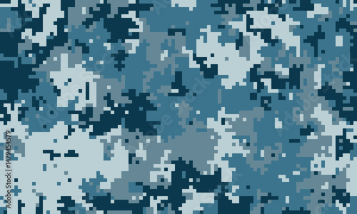 Abstract digital camouflage pattern in shades of blue.  Perfect for backgrounds, textiles, or militarythemed designs.  Seamless texture offers versatility for various creative projects.