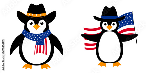 A Penguin as cowboy wear hat and red white blue American flag overlay on scraf. Independence Day 4th of July Patriotism Usa America Clipart Line Art Vector Illustration. Avian in western.