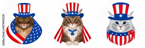 A Maine Coon Cat wear uncle sam hat and red white blue American flag overlay on scraf. Independence Day 4th of July Patriotism Usa America Clipart Line Art Vector Illustration. Patriotic big.
