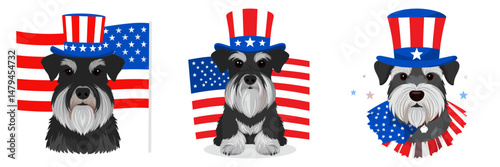 A Miniature Schnauzer Dog wear uncle sam hat and red white blue American flag overlay. Independence Day 4th of July Patriotism Usa America Clipart Line Art Vector Illustration. Small canine.