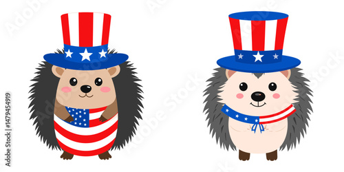 A Hedgehog wear uncle sam hat and red white blue American flag overlay on scraf. Independence Day 4th of July Patriotism Usa America Clipart Line Art Vector Illustration. Spiny mammal.