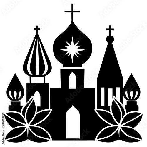 Orthodox Christmas icons and candles silhouette vector illustration 