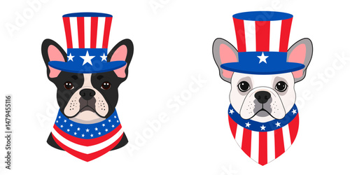 A French Bulldog wear uncle sam hat and red white blue American flag overlay on scraf. Independence Day 4th of July Patriotism Usa America Clipart Line Art Vector Illustration. Canine.