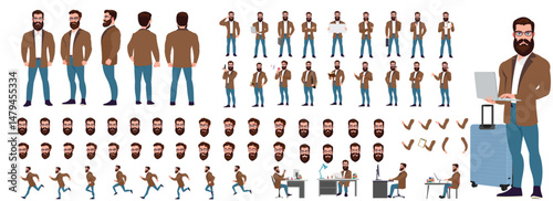Man Character design. Front, side, back view and explainer animation poses. Character set with lip sync and facial expressions of Happy, angry, sad, Joy with Side walk cycle animation sequence sprite 