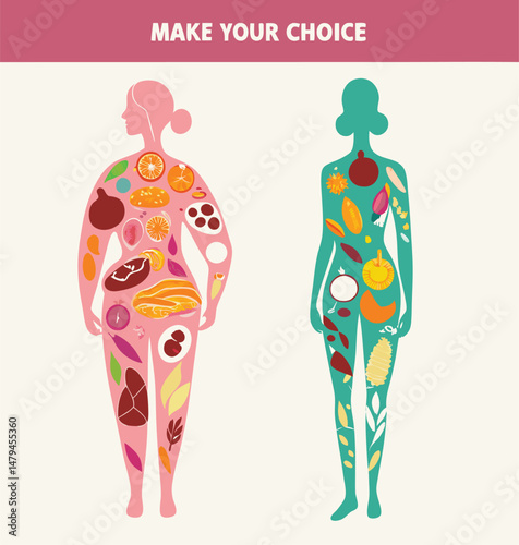 Types of figure and diet accordance. Vector illustration of overweight and slim woman body silhouettes with unhealthy and healthy food inside. Isolated on background