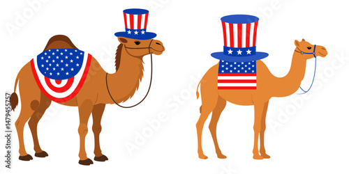 A Camel wear uncle sam hat and red white blue American flag overlay on scraf. Independence Day 4th of July Patriotism Usa America Clipart Line Art Vector Illustration. Desert beast adorned.