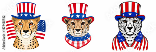 A Cheetah wear uncle sam hat and red white blue American flag overlay on scraf. Independence Day 4th of July Patriotism Usa America Clipart Line Art Vector Illustration. Spotted feline.