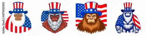 A Bigfoot wear uncle sam hat and red white blue American flag overlay on scraf. Independence Day 4th of July Patriotism Usa America Clipart Line Art Vector Illustration. Mythical creature.