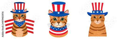 A Bengal Cat wear uncle sam hat and red white blue American flag overlay on scraf. Independence Day 4th of July Patriotism Usa America Clipart Line Art Vector Illustration. Patriotic.