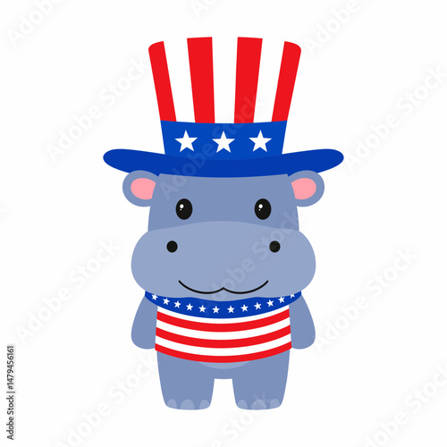 A baby hippo wear uncle sam hat and red white blue American flag overlay on scraf. Independence Day 4th of July Patriotism Usa America Clipart Line Art Vector Illustration. Infant river.