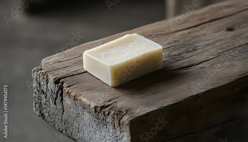 Close up of a bar of natural handmade soap on a rustic wooden surface.