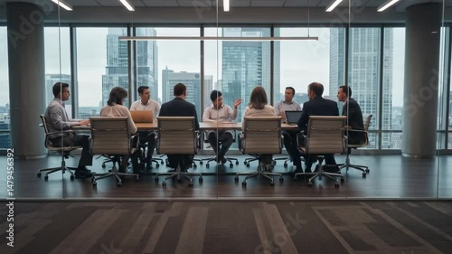 Business team having a meeting in a modern office with a cityscape view through the large windows