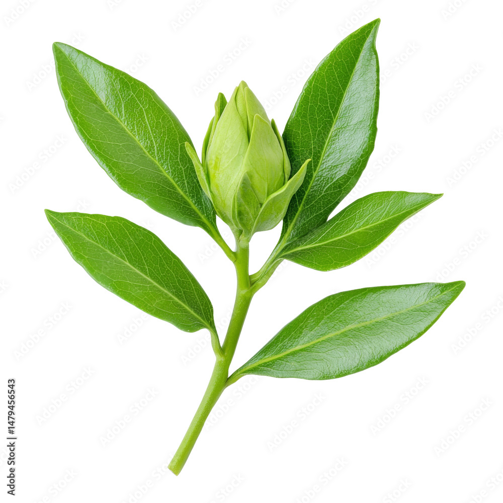Fototapeta premium Fresh green leaves with budding flower, showcasing nature beauty and vitality. This captures essence of growth and renewal