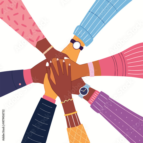 Unity and teamwork concept. Vector illustration of Close up top view of young diverse business people putting their hands together.