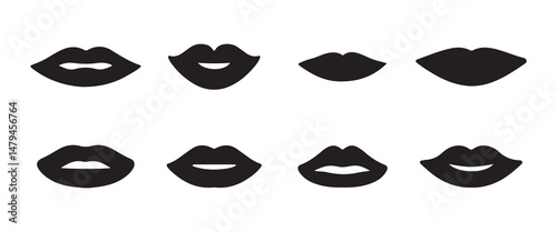 Icons of female lips. Girl mouth close up expressing different emotions symbol collection. Vector illustration