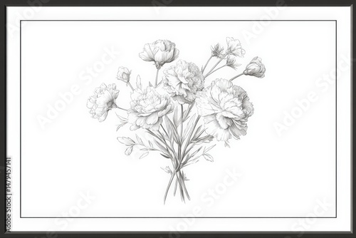 A grayscale pencil sketch of a bouquet of delicate flowers, showcasing the artist's talent for detail and creating a serene mood.
