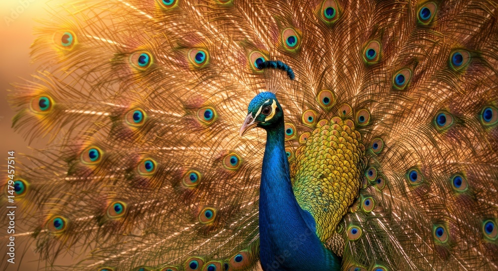 Obraz premium hyper realistic digital art, a mesmerizing scene where a majestic indian peacock, adorned with a ribbon of vibrant blue feathers, is captured in stunning detail through a macro lens, the peacock