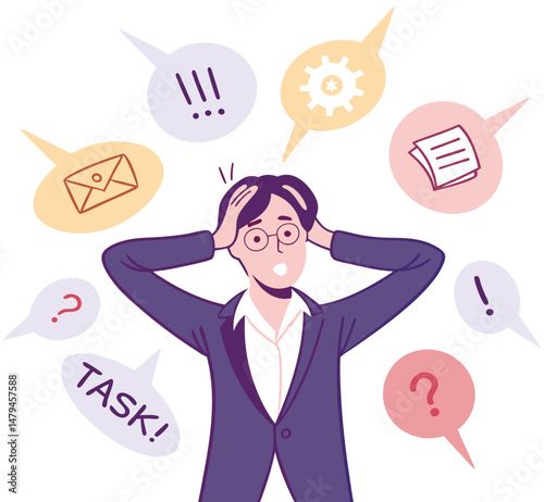Panic businesswoman concept. Vector illustration of pretty cartoon brunette woman in stress, surrounded by bubbles with stylized requests and tasks. Isolated on white