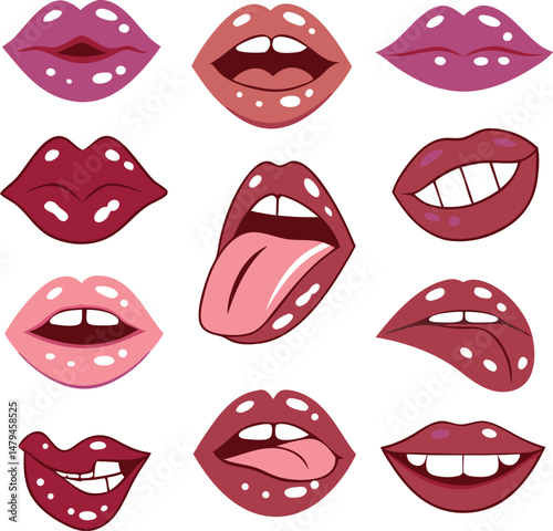 Lipstick palette. Vector illustration of sexy woman's lips expressing different emotions with various matte lipstick tones, such as red, nude, pink and violet. Isolated on white.