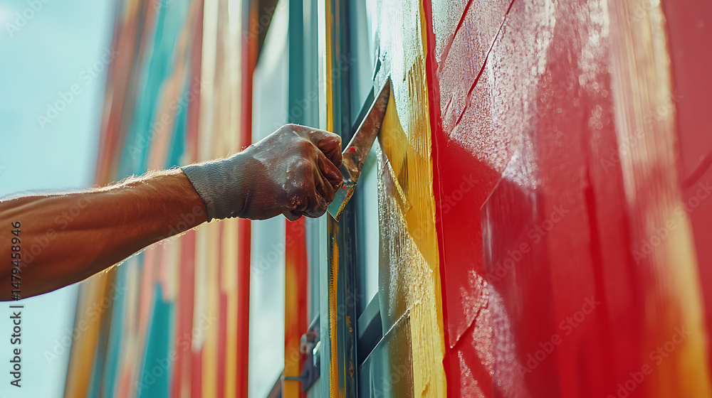 Fototapeta premium Artist Applying Paint to a Colorful Wall