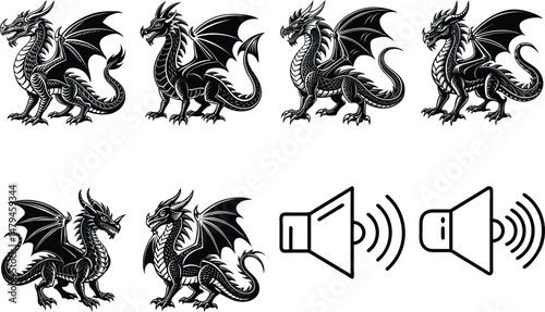 Black dragon tattoo designs in medieval and fantasy style with Asian art influence