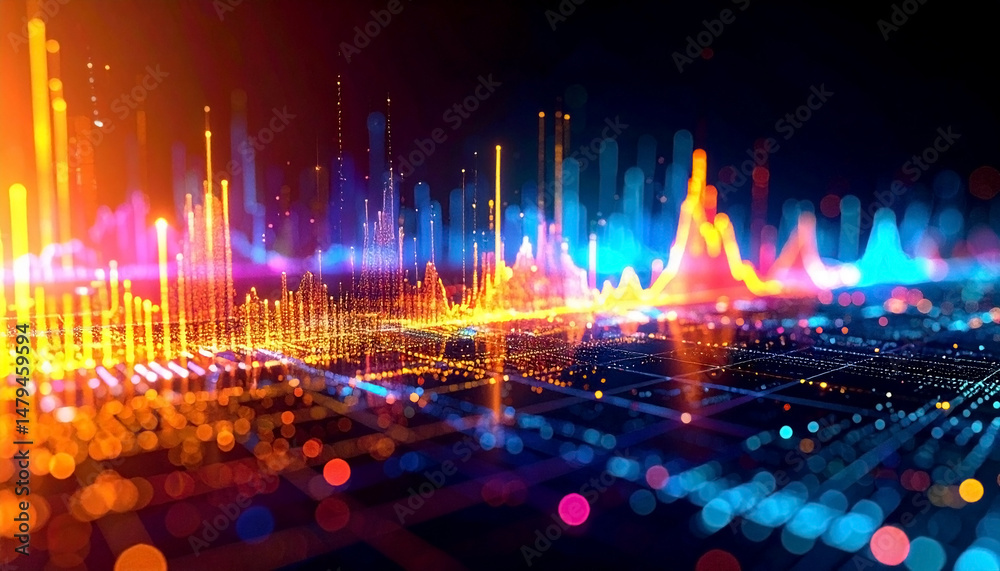 Fototapeta premium Data Analysis Visualization: Abstract charts, graphs, and data points floating in a digital space, representing data analysis and business intelligence..