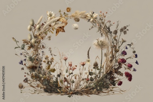 A meticulously crafted circular arrangement of dried plants.