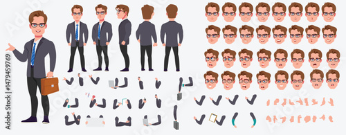 Man Character design. Front, side, back view and explainer animation poses. Character set with lip sync and facial expressions of Happy, angry, sad, Joy with Side walk cycle animation sequence sprite 