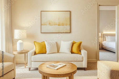 Bright cozy living room with soft beige furniture, yellow pillows, minimal decor, and warm natural light. Elegant interior with a view into a modern bedroom, ideal for home and hospitality themes