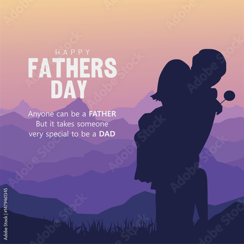Heartfelt Father's Day silhouette of dad carrying daughter at beautiful sunset. Emotional Father’s Day 2025 design. Best for greeting, banner, quote, flyer, celebration design. 