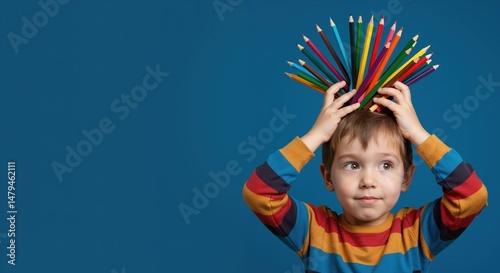 Young boy playing with colored pencils on blue background  