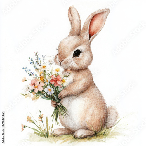 Realistic boho illustration of bunny holding flower and it looks adorable
