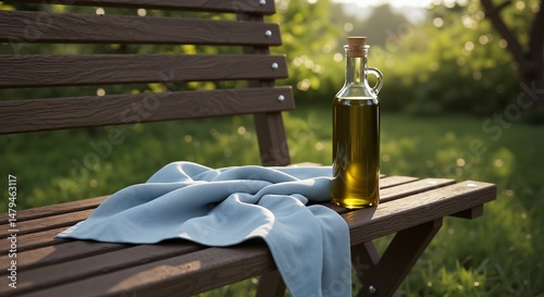 Towel on wooden bench with oil in sunlit garden setting  