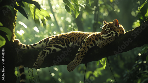 leopard sleeping on a tree in the forest cinematic lighting closeup shot. wildlife photography
