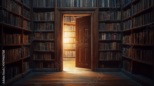open door of a library surrounded by shelves of books