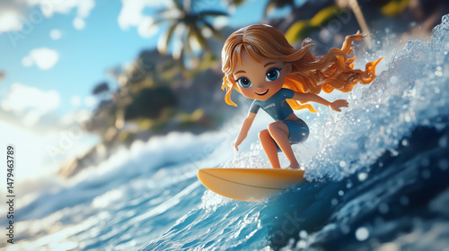cute 3d female surfer character surfing the crest of a wave