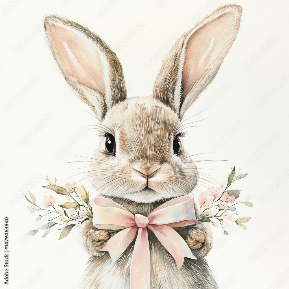 Obraz premium Cute bunny with bow exudes joy and innocence in realistic illustration