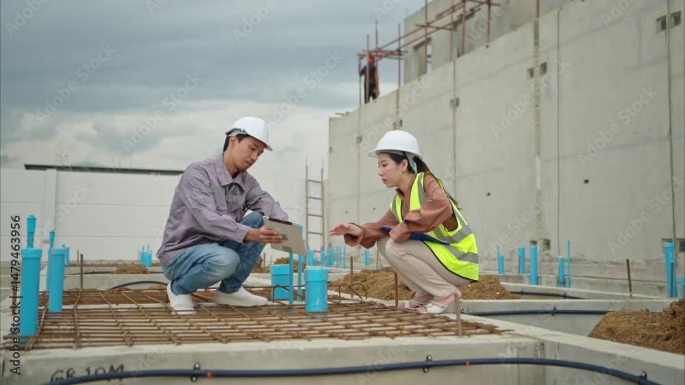 Engineers and architecture inspect and supervise the construction of building walls and foundations of residential buildings