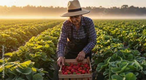 Elderly farmer harvesting strawberries in field during sunrise  