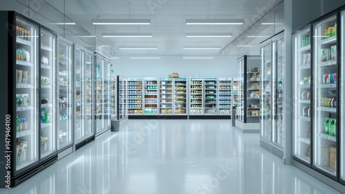 Modern Supermarket Aisle with Illuminated Freezer Display Cases supermarket aisle freezer modern tea