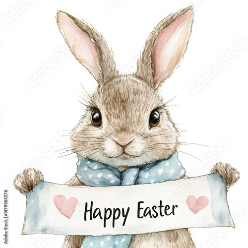 Cute bunny with Happy Easter banner expresses festive joy