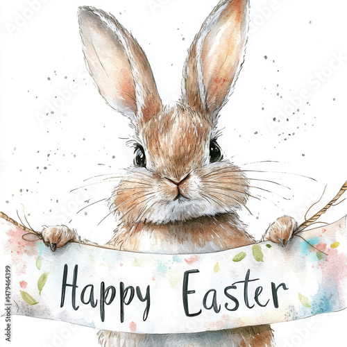 Boho rabbit holds Easter banner, exuding festive cheer and holiday joy